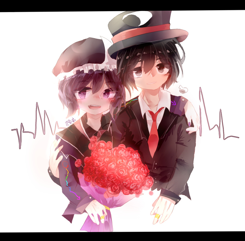 androgynous black_hair bouquet collared_shirt enraku_tsubakura frilled_hat frills hat highres holding holding_bouquet jacket jewelry len'en multiple_others necktie open_mouth ring shirt shitodo_kuroji short_hair smile top_hat triangular_headpiece wedding_ring xuan9119