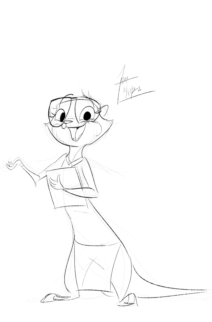 2022 3_toes 4_fingers absurd_res anthro cheek_tuft clothing digital_drawing_(artwork) digital_media_(artwork) eyebrows eyewear facial_tuft feet female_(lore) fingers glasses hi_res holding_object jonathanchimney lutrine mammal monochrome mustelid open_mouth open_smile sam_(zootopia+) signature simple_background sketch smile solo teeth toes tongue tuft