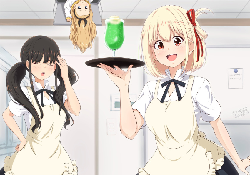 3girls apron bangs black_hair black_skirt blonde_hair blue_eyes bob_cut ceiling closed_eyes collared_shirt commentary_request cosplay cowboy_shot diesel-turbo dress_shirt employee_uniform hair_ribbon highres inoue_takina kurumi_(lycoris_recoil) long_hair looking_at_viewer lycoris_recoil multiple_girls nishikigi_chisato red_eyes red_ribbon ribbon shirt short_hair skirt tray twintails uniform wagnaria_uniform waitress white_apron white_shirt working!!