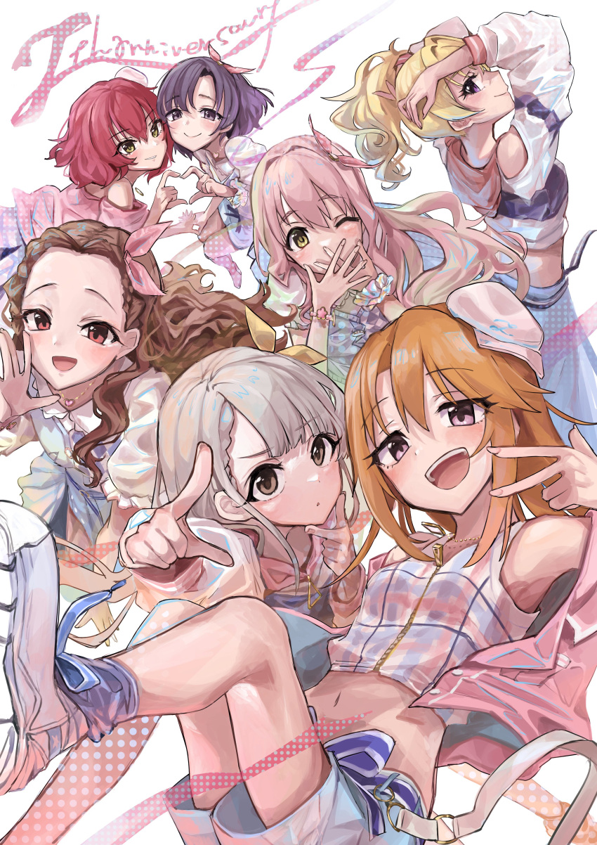 6+girls absurdres armpits blush covering_mouth crop_top hachiya_(silica_q) hat heart heart_hands heart_hands_duo highres hisakawa_nagi idolmaster idolmaster_cinderella_girls kiryu_tsukasa_(idolmaster) mini_hat multiple_girls murakami_tomoe navel one_eye_closed saionji_kotoka seki_hiromi shiragiku_hotaru smile v w yuuki_haru