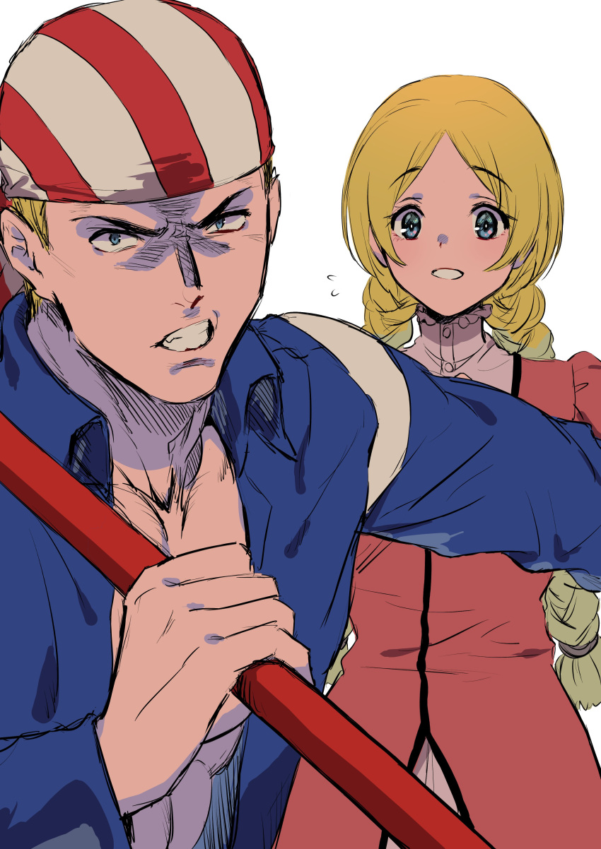 1boy 1girl absurdres bandana beniazumaru billy_kane blonde_hair blue_eyes braid brother_and_sister dress fatal_fury highres holding holding_weapon jacket lilly_kane long_hair looking_at_viewer muscular no_shirt open_clothes short_hair siblings staff the_king_of_fighters twin_braids weapon