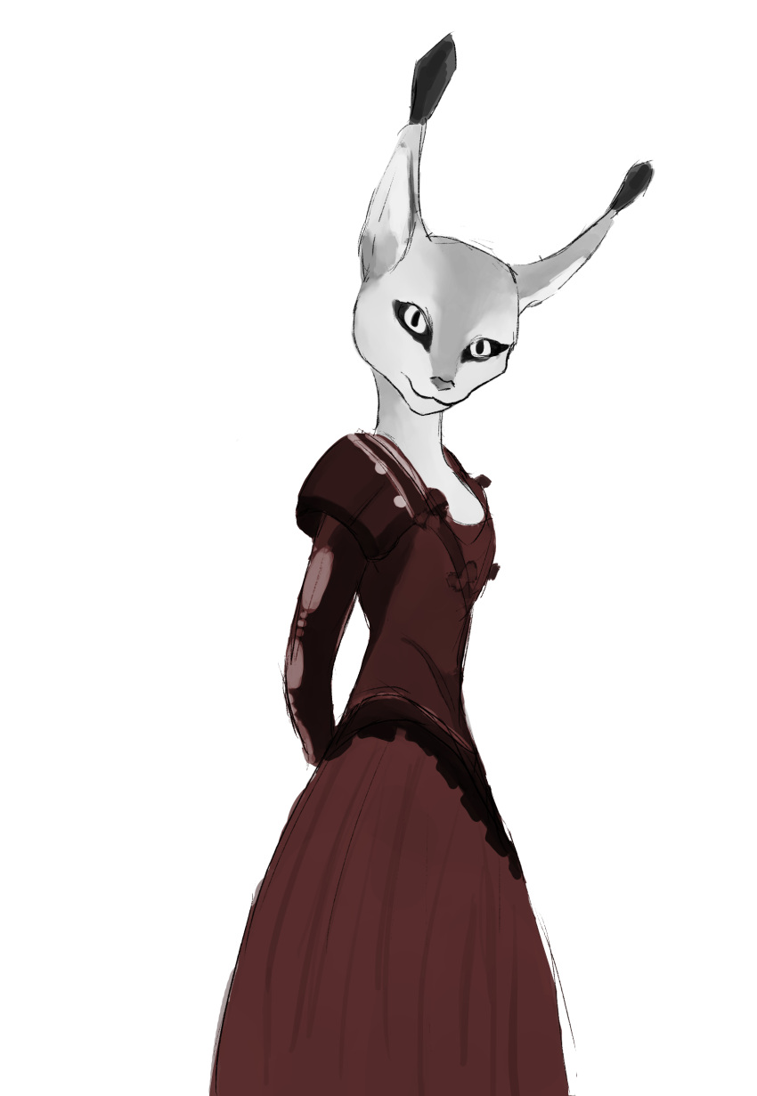 absurd_res anthro bethesda_softworks clothed clothing dress eloisanon felid female fur hi_res khajiit looking_at_viewer mammal red_clothing red_dress simple_background smile solo the_elder_scrolls video_games white_background white_body white_fur