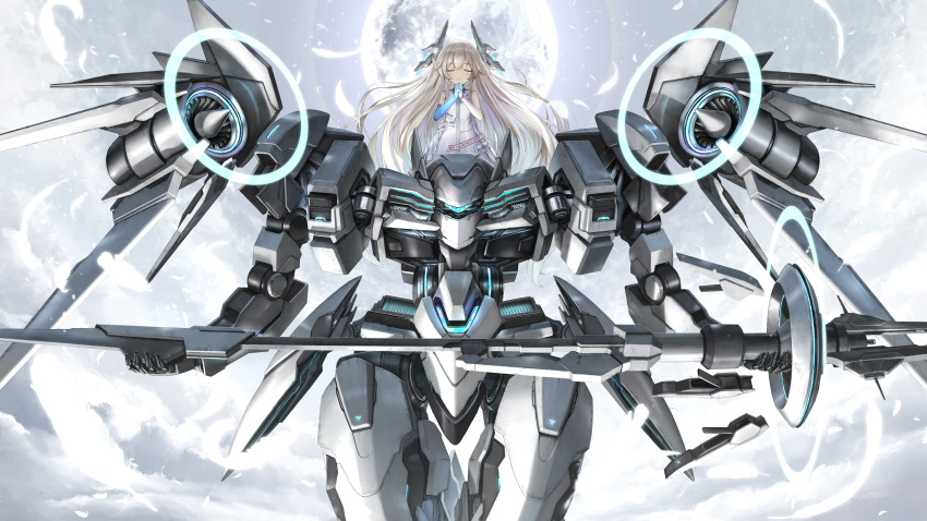1girl absurdres asymmetrical_gloves bangs blue_gloves cloud dress e.t.e_chronicle elbow_gloves flat_chest gloves highres holding holding_polearm holding_weapon long_hair mecha mismatched_gloves moon nihoshi_(bipedal_s) official_art own_hands_clasped own_hands_together polearm robot science_fiction sky straight-on turbine very_long_hair weapon white_dress white_gloves
