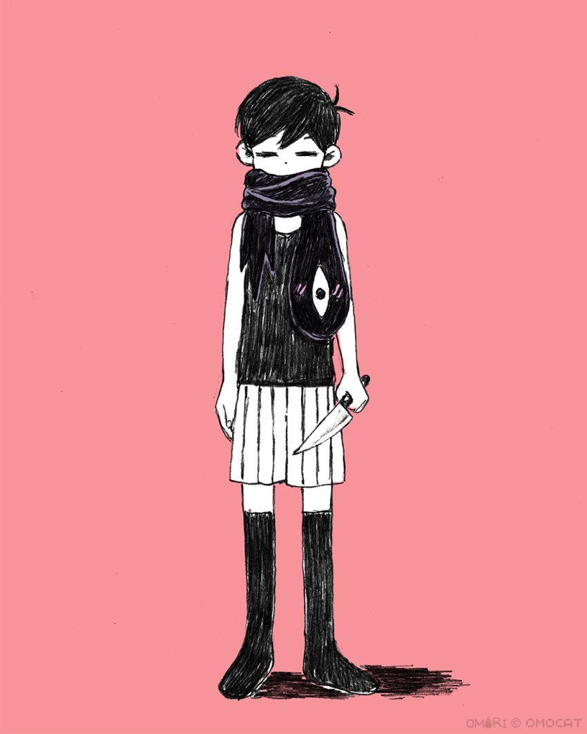 1boy ahoge black_hair black_scarf black_socks black_tank_top blush closed_eyes colored_skin hair_between_eyes highres holding holding_knife knife male_focus official_art omocat omori omori_(omori) one-eyed pink_background scarf sleeveless socks something_(omori) tank_top underwear white_skin