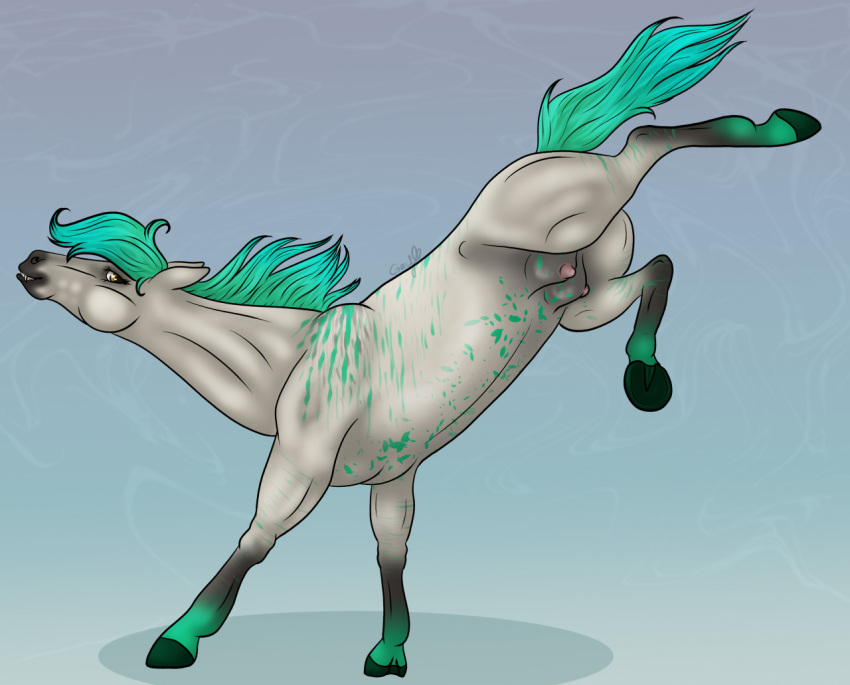 2022 amber_eyes bucking digital_media_(artwork) equid equine fangs female feral gayletrotter hair hooves horse kelpie looking_at_viewer looking_back mammal multicolored_body multicolored_hair nipples raised_tail simple_background solo teats teeth two_tone_hair two_tone_tail udders unndis_(skuggamul)