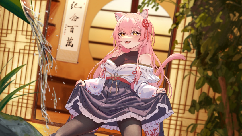 1girl :d animal_ears architecture black_pantyhose blush bodystocking breasts calligraphy cat_ears cat_girl cat_tail chinese_text cleavage cowboy_shot east_asian_architecture frilled_skirt frills grass hair_ribbon hanging_scroll hiiro_(vtuber) indie_virtual_youtuber japanese_clothes kimono kneeling large_breasts laska_(572124034) leaf long_hair looking_at_viewer lower_teeth milestone_celebration miniskirt off-shoulder_shirt off_shoulder pantyhose pink_hair purple_skirt red_ribbon ribbon scroll shirt skirt skirt_hold smile solo tail teeth tube virtual_youtuber water water_drop white_shirt yellow_eyes