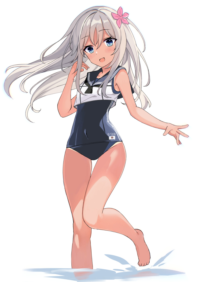 1girl absurdres bare_arms bare_legs bare_shoulders barefoot black_one-piece_swimsuit blonde_hair blue_eyes blue_sailor_collar blush fathom flower full_body hair_flower hair_ornament highres kantai_collection long_hair open_mouth pink_flower ro-500_(kancolle) sailor_collar sailor_shirt school_swimsuit shirt simple_background sleeveless sleeveless_shirt smile solo swimsuit swimsuit_under_clothes tan tanlines white_background