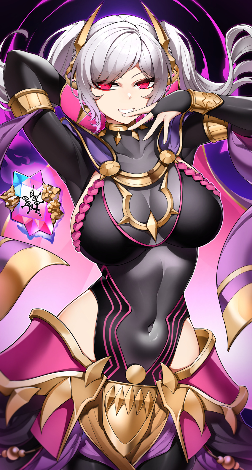 1girl absurdres arm_behind_head arm_up armlet armor aura bangs black_background black_bodysuit bodysuit bracelet breasts bridal_gauntlets casul covered_navel dark_aura dark_persona eyes_of_grima faulds fire_emblem fire_emblem_awakening fire_emblem_heroes grima_(fire_emblem) grin hair_ornament highres hip_vent jewelry large_breasts long_hair long_sleeves looking_at_viewer neck_ring official_alternate_costume red_eyes robin_(fire_emblem) robin_(fire_emblem)_(female) smile solo twintails white_hair