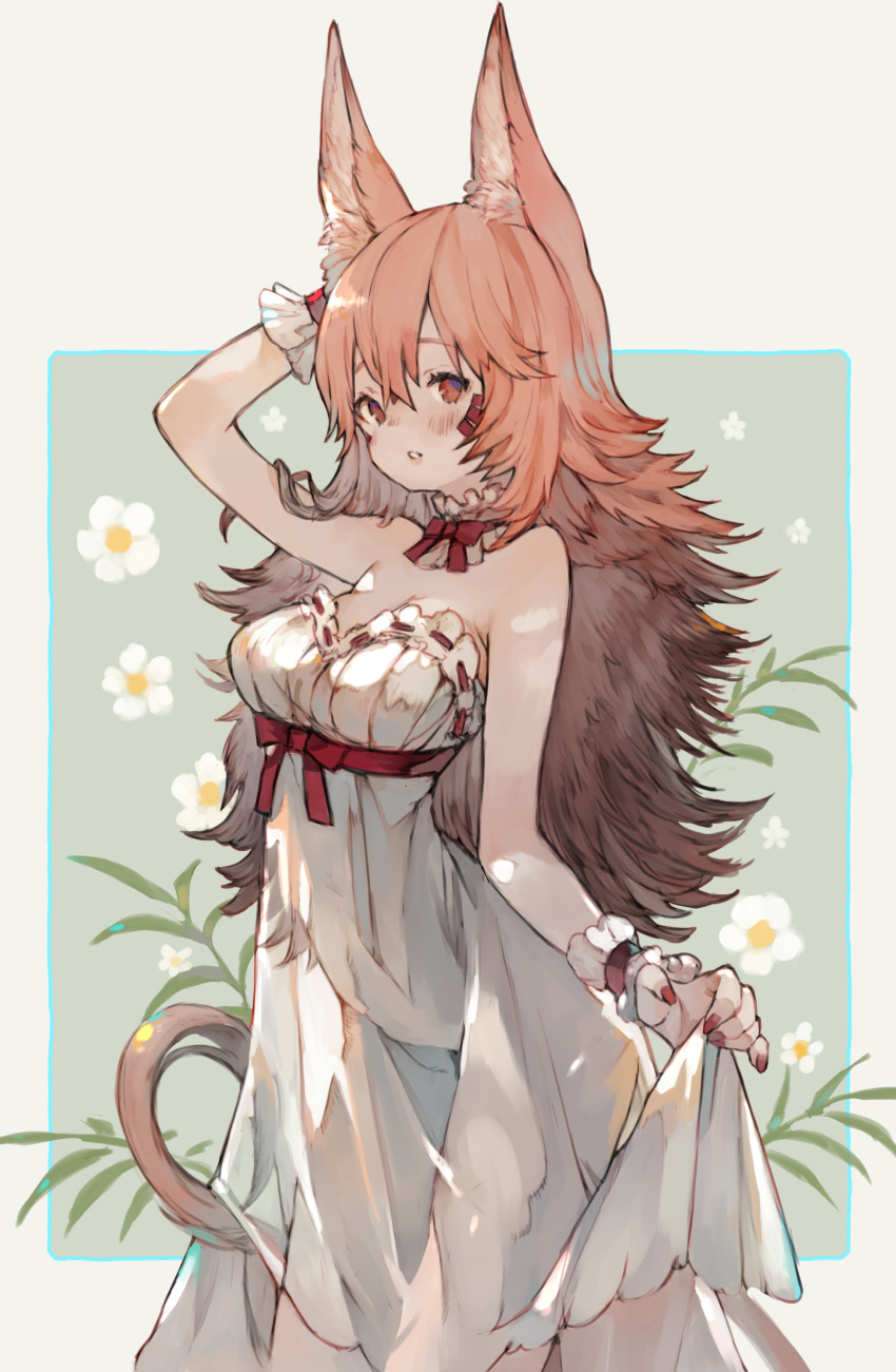 1girl absurdres akasha_(syakoba) animal_ears breasts commission dress highres kemomin_nosuke large_breasts light_brown_hair long_hair original pink_hair skeb_commission skirt_hold sleeveless sleeveless_dress tail white_dress wrist_cuffs