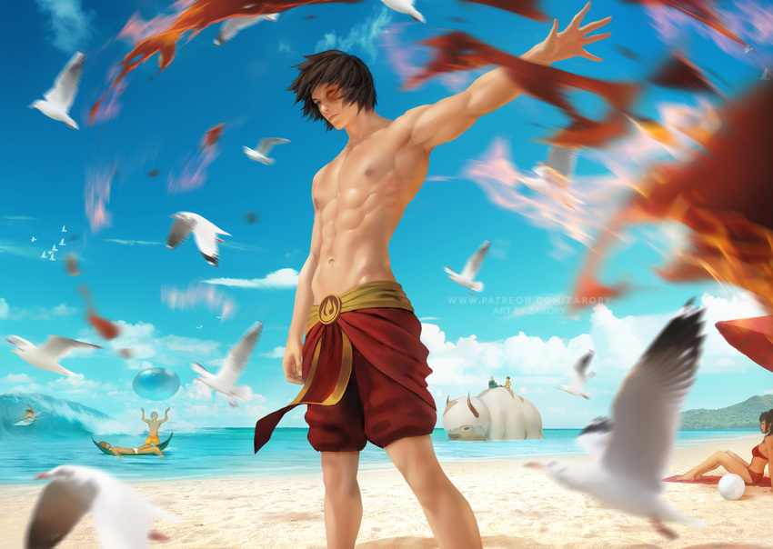 aang abs appa artist_name avatar:_the_last_airbender avatar_(series) beach bikini bird black_hair cloud english_text fire hydrokinesis katara navel ocean pectorals pyrokinesis realistic scar scar_on_face seagull short_hair sokka solo_focus summer surfing swimsuit toph_bei_fong topless_male ty_lee water web_address zarory zuko