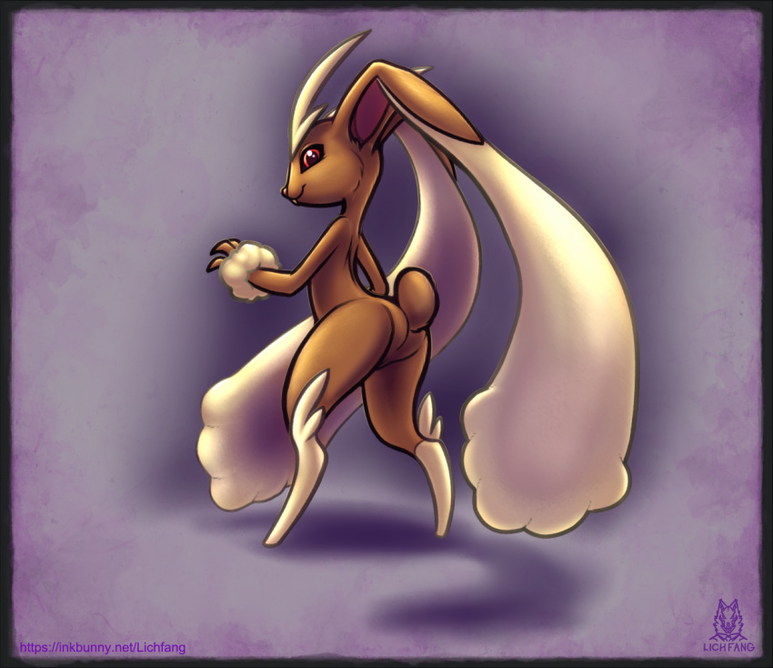 2016 anthro barely_visible_genitalia barely_visible_pussy black_sclera buckteeth butt cheek_tuft digitigrade facial_tuft female generation_4_pokemon genitals hand_tuft leg_tuft lichfang long_ears looking_at_viewer lopunny nintendo nude pink_nose pokemon pokemon_(species) pussy rear_view scut_tail short_tail simple_background smile solo standing teeth tuft video_games