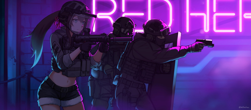 1girl 2boys absurdres bangs black_headwear black_jacket black_pants black_shorts blue_eyes brick_wall closed_mouth commentary_request commission crop_top english_commentary fur-trimmed_shorts fur_trim gun h&amp;k_mp7 hair_between_eyes handgun helmet highres holding holding_gun holding_shield holding_weapon jacket long_hair looking_away midriff multiple_boys navel ndtwofives neon_lights original pants ponytail riot_shield shield short_shorts shorts sidelocks submachine_gun suppressor twitter_username very_long_hair weapon weapon_request