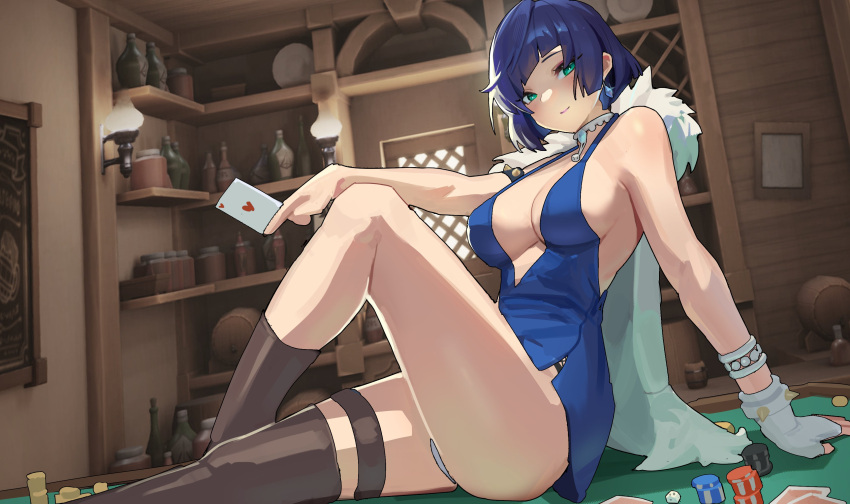 1girl absurdres arm_support bangs bare_shoulders blue_dress bob_cut breasts card choker cleavage diagonal_bangs dice dress earrings fingerless_gloves genshin_impact gloves green_eyes halterneck highres indoors jacket jacket_on_shoulders jewelry large_breasts looking_at_viewer multicolored_hair playing_card poker_chip poker_table shikube short_hair single_glove sitting smile solo table thigh_strap thighhighs thighs white_gloves white_jacket yelan_(genshin_impact)