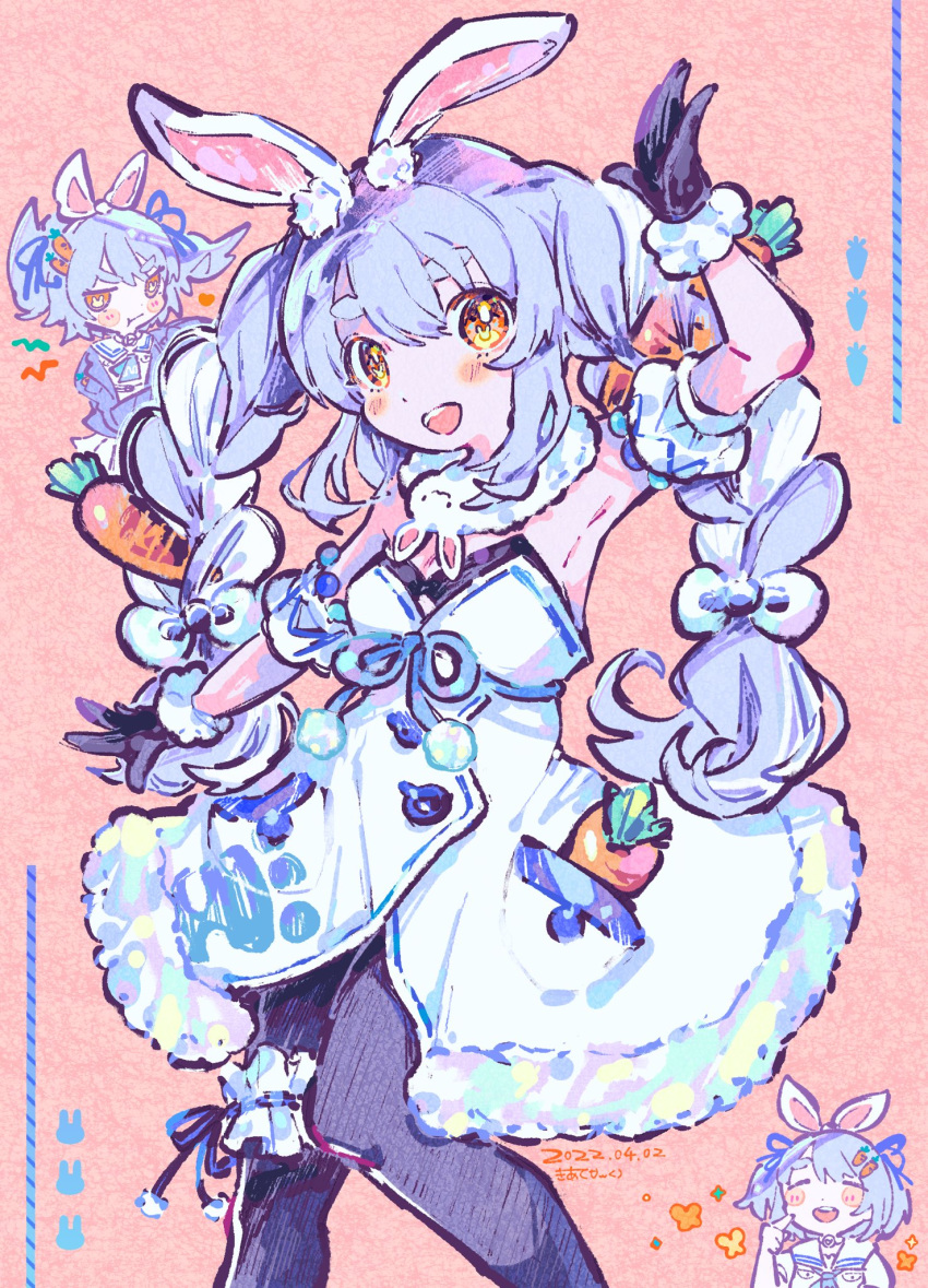 1girl animal_ears ankle_garter bangs black_gloves black_leotard black_pantyhose blue_hair braid breasts bridal_garter bunny-shaped_pupils carrot_hair_ornament clothing_cutout coat creature cutout_above_navel detached_sleeves don-chan_(usada_pekora) food-themed_hair_ornament fur-trimmed_coat fur-trimmed_gloves fur_scarf fur_trim gloves hair_ornament highres hikimayu hololive hololive_fantasy kiato leotard leotard_under_clothes long_hair multicolored_hair orange_eyes pantyhose playboy_bunny puffy_detached_sleeves puffy_sleeves rabbit rabbit_ears rabbit_girl rabbit_tail scarf short_eyebrows short_sleeves small_breasts solo strapless strapless_coat strapless_leotard swept_bangs symbol-shaped_pupils tail thick_eyebrows twin_braids twintails two-tone_hair underboob_cutout usada_pekora virtual_youtuber white_coat white_hair white_scarf white_sleeves