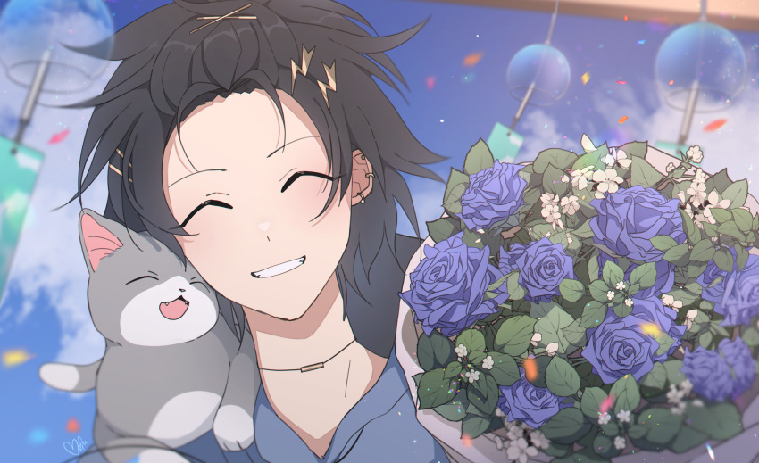 1boy ^_^ animal_on_shoulder bangs_pinned_back black_hair blue_flower blue_hoodie blue_rose blurry blurry_background bouquet cat choker closed_eyes cloud commentary confetti dated_commentary day ear_piercing earrings facing_viewer flower grey_cat grin hair_ornament hairclip happy highres holostars hood hood_down hoodie jewelry kanade_izuru lightning_bolt_hair_ornament lightning_bolt_symbol male_focus nekoromancer official_alternate_costume piercing portrait rose short_hair smile solo virtual_youtuber white_flower wind_chime
