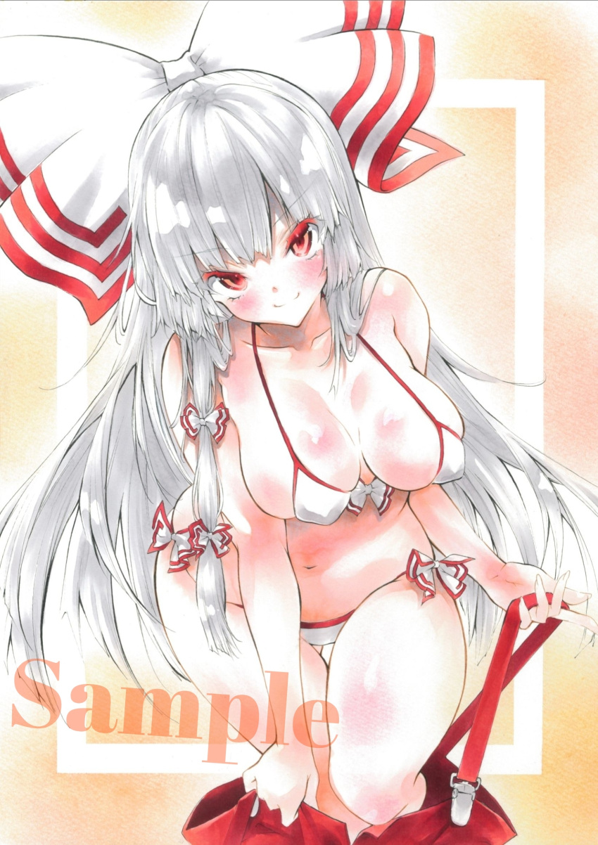 1girl arim0k0 bangs bikini bow breasts cleavage closed_mouth clothes_pull fujiwara_no_mokou grey_hair hair_bow highres large_breasts long_hair looking_at_viewer multicolored_background multiple_bows navel pants pants_pull pulled_by_self red_eyes red_pants sample_watermark sidelocks smile solo swimsuit touhou white_bikini