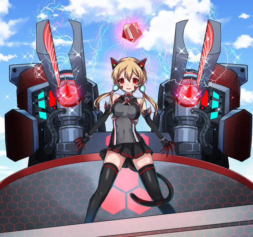 1girl animal_ears bare_shoulders black_gloves black_skirt black_thighhighs blonde_hair blush breasts cat_ears cat_tail clawed_gauntlets corruption covered_navel cyber_(cyber_knight) elbow_gloves electricity fake_animal_ears fake_tail gloves highres kantai_collection long_hair looking_at_viewer medium_breasts microskirt military military_uniform neuroi open_mouth outdoors prinz_eugen_(kancolle) red_eyes shiny shiny_hair skirt sky smile solo tail thighhighs twintails uniform world_witches_series