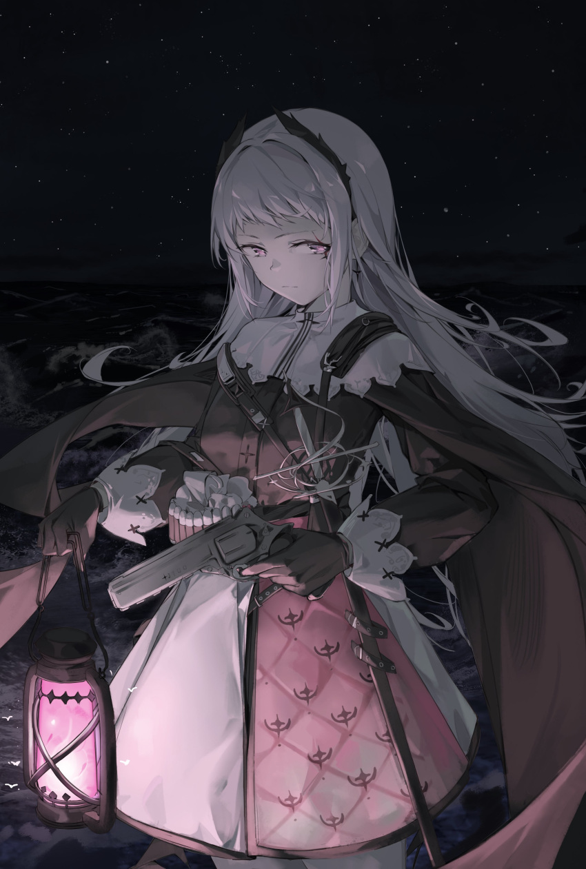 1girl absurdres ammunition_belt arknights black_gloves black_jacket capelet closed_mouth cowboy_shot gloves grey_hair gun high-waist_skirt highres holding holding_gun holding_lantern holding_weapon horizon irene_(arknights) jacket lantern light long_hair long_sleeves looking_at_viewer matsuura_kagami night night_sky ocean pink_skirt print_skirt purple_eyes sheath sheathed skirt sky solo star_(sky) starry_sky sword very_long_hair water weapon white_capelet white_skirt