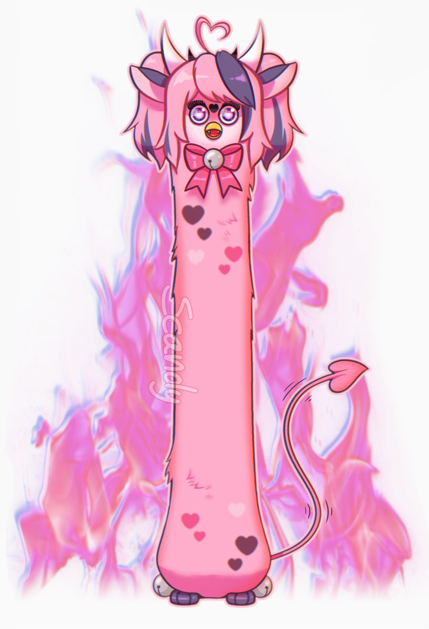 &lt;3 2_horns 3_toes absurd_res anthro artist_name avian beak bell bow_ribbon digital_media_(artwork) eyelashes fangs feet female fur furby furby_(species) hair heart_(marking) hi_res highlights_(coloring) horn ironmouse long_body long_hair looking_at_viewer open_mouth pigtails pink_body pink_fur pink_hair purple_eyes purple_highlights scandyeevee simple_background solo spade_tail tiger_electronics toes tongue vtuber watermark