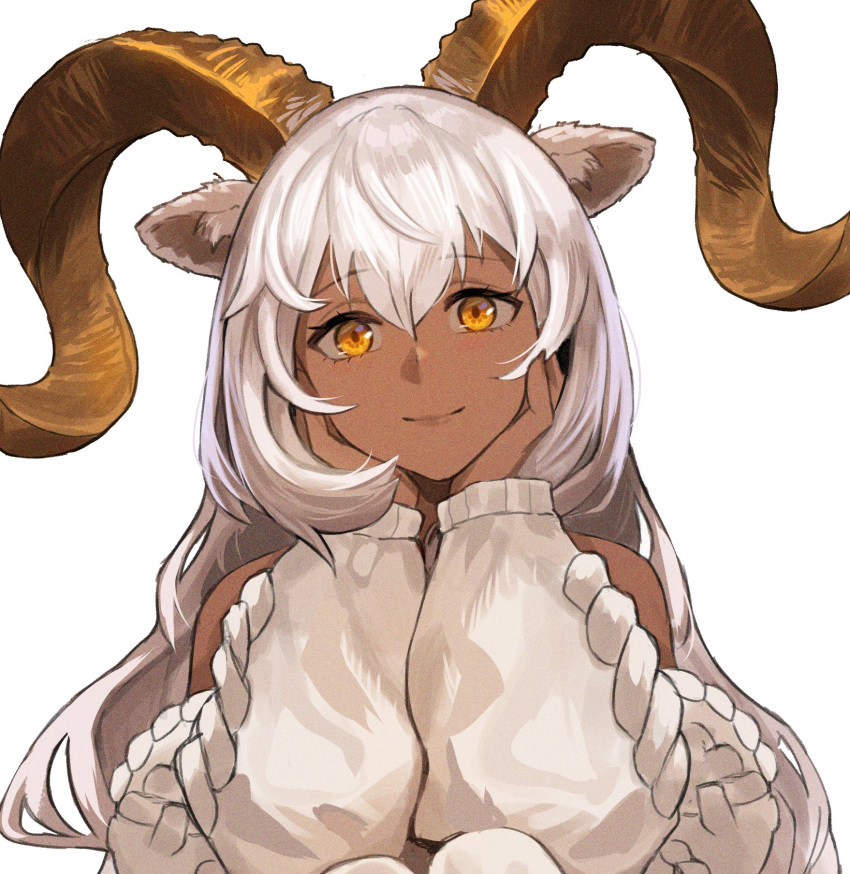 1girl adamosina animal_ears arknights bangs bare_shoulders beeswax_(arknights) beeswax_(weisser_sand)_(arknights) closed_mouth detached_sleeves goat_ears goat_horns hands_on_own_cheeks hands_on_own_face highres horns long_hair long_sleeves looking_at_viewer official_alternate_costume orange_eyes simple_background smile solo unfinished upper_body very_long_hair white_background white_hair