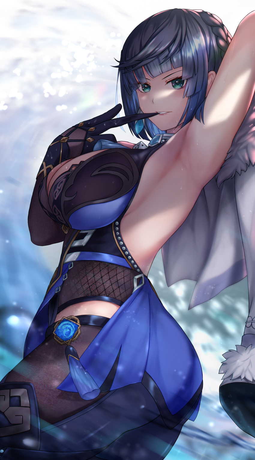 1girl absurdres arm_up armpits bangs black_gloves black_thighhighs blue_dress blue_hair blunt_bangs bob_cut braid breasts chien_zero chinese_clothes cleavage commentary_request diagonal_bangs dice dress earrings elbow_gloves from_side fur-trimmed_jacket fur_trim genshin_impact glove_pull gloves green_eyes highres jacket jacket_on_shoulders jewelry large_breasts looking_at_viewer looking_to_the_side mole mole_on_breast mouth_hold multicolored_hair parted_bangs parted_lips presenting_armpit revision short_hair sidelocks single_elbow_glove sleeveless sleeveless_dress smile solo thighhighs two-tone_hair vision_(genshin_impact) white_jacket yelan_(genshin_impact)