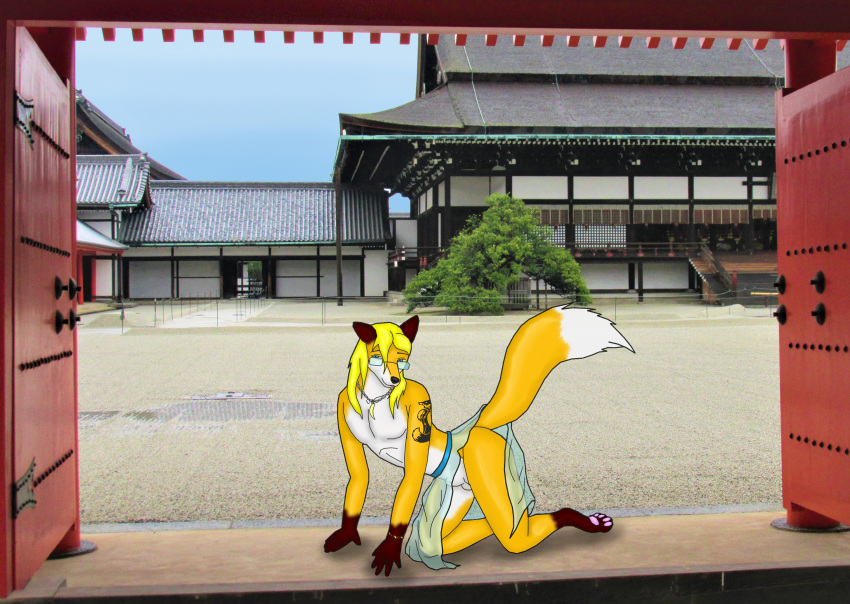 anthro bluhellwulf canid canine fox hi_res invalid_tag japan jc jcfox kioto male mammal nude palace servant slave solo waiting