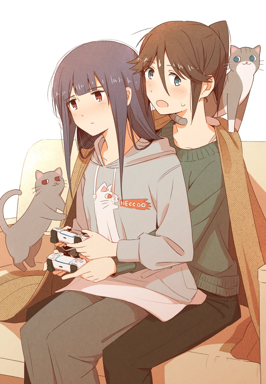 2girls bangs black_hair black_pants blanket blue_eyes blue_hair blush cat closed_mouth controller couch green_sweater grey_hoodie hibike!_euphonium highres holding holding_controller hood hoodie kasaki_nozomi liz_to_aoi_tori long_hair long_sleeves multiple_girls on_couch pants parted_lips ponytail red_eyes sawara65 sitting sweater white_background yoroizuka_mizore