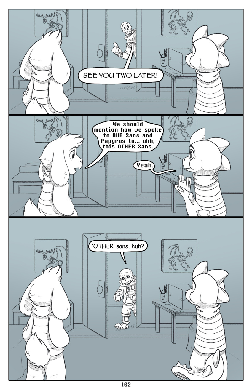 absolutedream absurd_res asriel_dreemurr bone border comic digital_media_(artwork) english_text group hi_res humanoid monochrome monster_kid papyrus_(undertale) sans_(undertale) skeleton text trio undertale undertale_(series) video_games white_border