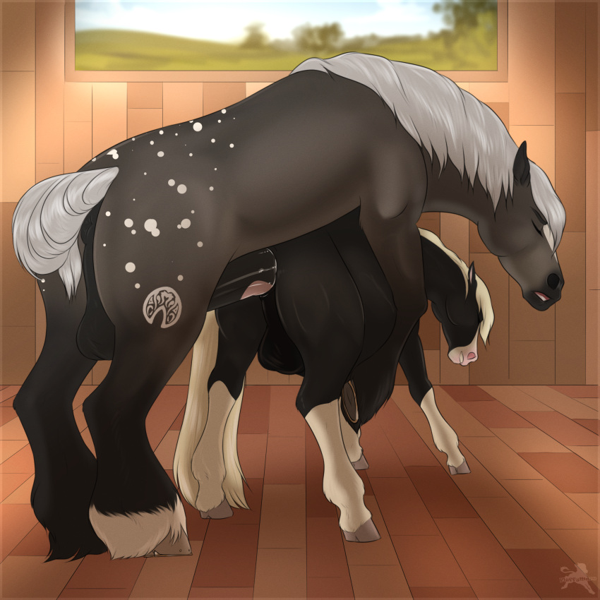 1:1 2022 anal anal_penetration animal_genitalia animal_penis balls digital_media_(artwork) draft_horse duo equid equine equine_anus equine_penis eyes_closed facial_markings feathering feral fluffymare from_behind_position fur genitals hair head_markings hi_res hooves horse inktober inktober_2022 kinktober light male male/male male_penetrated male_penetrating male_penetrating_male mammal mane markings mounting multicolored_body open_mouth penetration penis sable_(stonebeards) sex size_difference sunlight teeth two_tone_body wall_(structure) white_hair white_mane white_tail wood_floor wood_wall