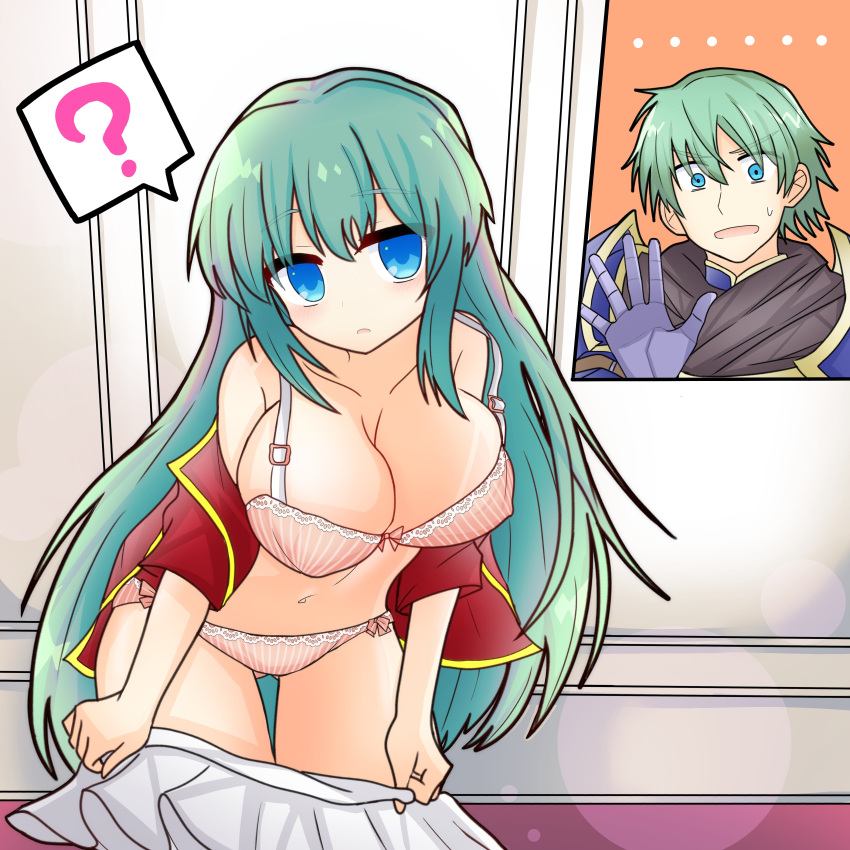 1boy 1girl ? absurdres aqua_hair armor ass_visible_through_thighs blue_eyes bow bow_bra bow_panties bra breasts cleavage collarbone eirika_(fire_emblem) ephraim_(fire_emblem) fire_emblem fire_emblem:_the_sacred_stones highres kanashimi110 large_breasts long_hair panties pink_bra pink_panties siblings solo_focus underwear undressing