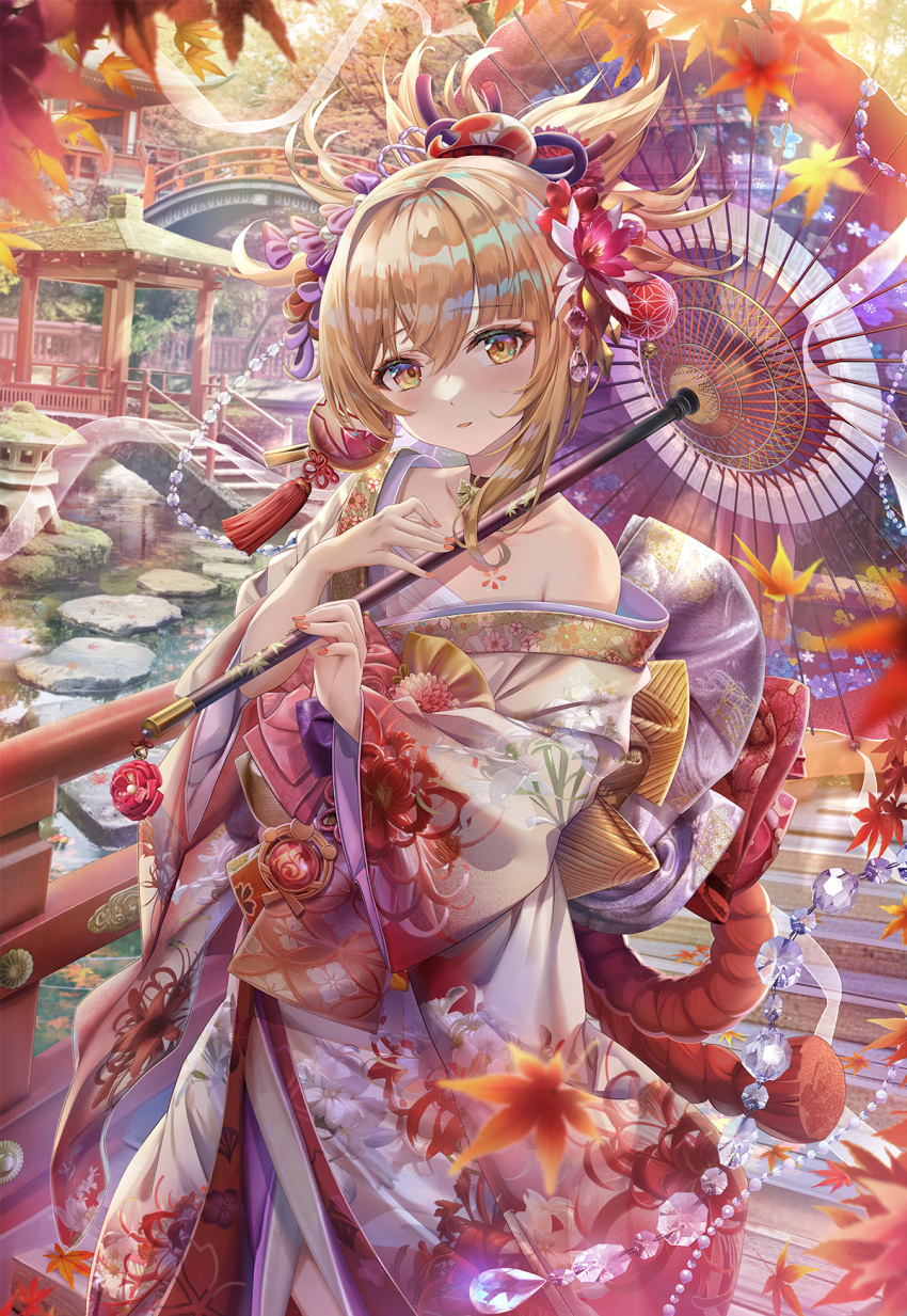 1girl alternate_costume architecture autumn autumn_leaves bangs bare_shoulders beads blonde_hair blurry blush breasts bridge building chest_tattoo collarbone crystal day depth_of_field east_asian_architecture floral_print flower flower_tattoo genshin_impact hair_between_eyes hair_flower hair_ornament high_ponytail highres japanese_clothes kanzashi kimono large_breasts leaf long_hair long_sleeves looking_at_viewer maple_leaf multicolored_clothes multicolored_kimono nail_polish off_shoulder oil-paper_umbrella orange_nails outdoors parted_lips pendant_choker ponytail print_kimono red_flower rock rope see-through shimenawa sidelocks single_bare_shoulder solo stairs standing tassel tassel_hair_ornament tattoo torino_aqua tree umbrella vision_(genshin_impact) water wide_sleeves yellow_eyes yoimiya_(genshin_impact)