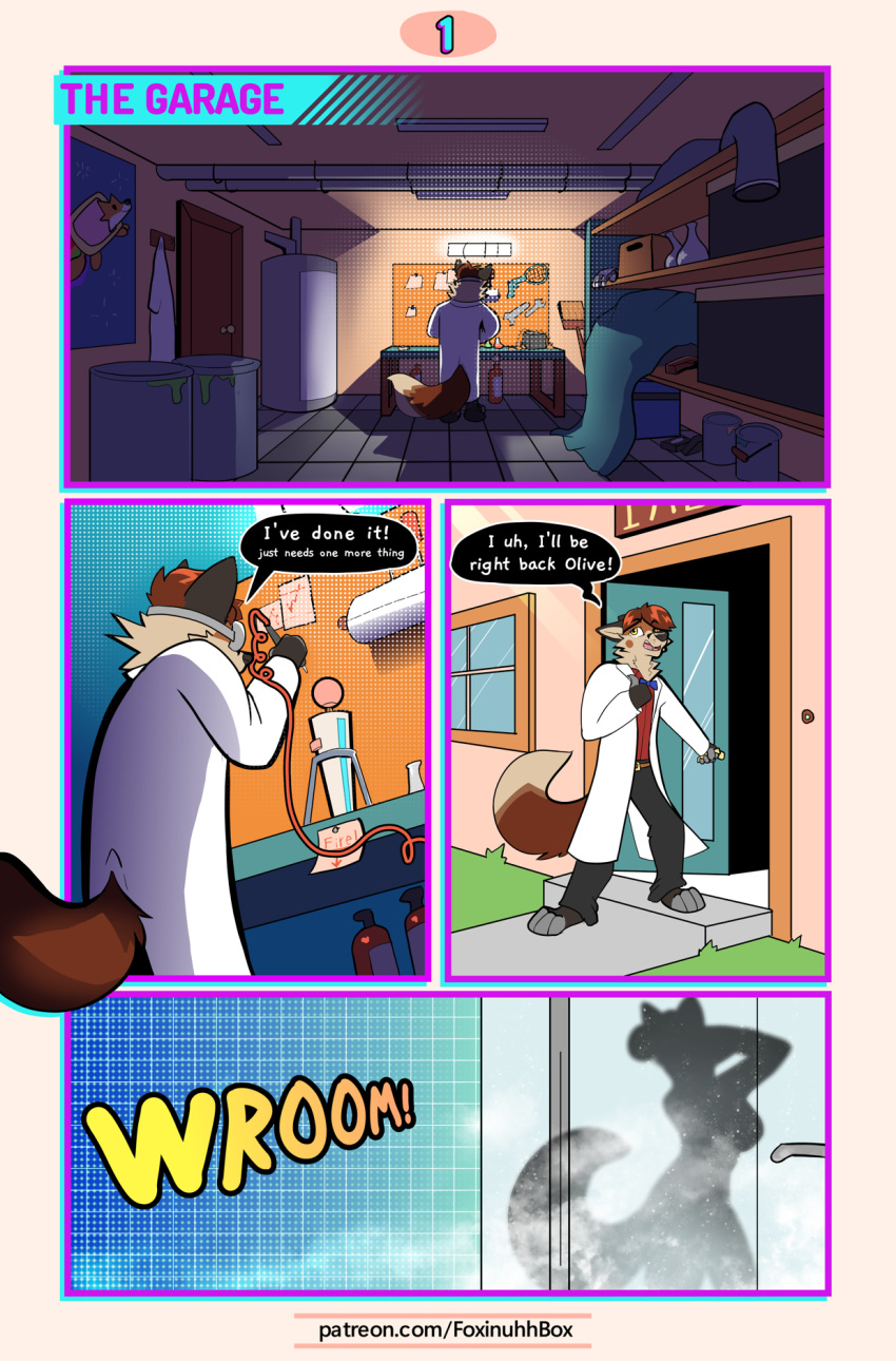 bubble building clothing coat comic dialogue digital_media_(artwork) door female foxinuhhbox garage hi_res house lab_coat male science scientist shower silhouette sound sound_effects speech_bubble steam text topwear