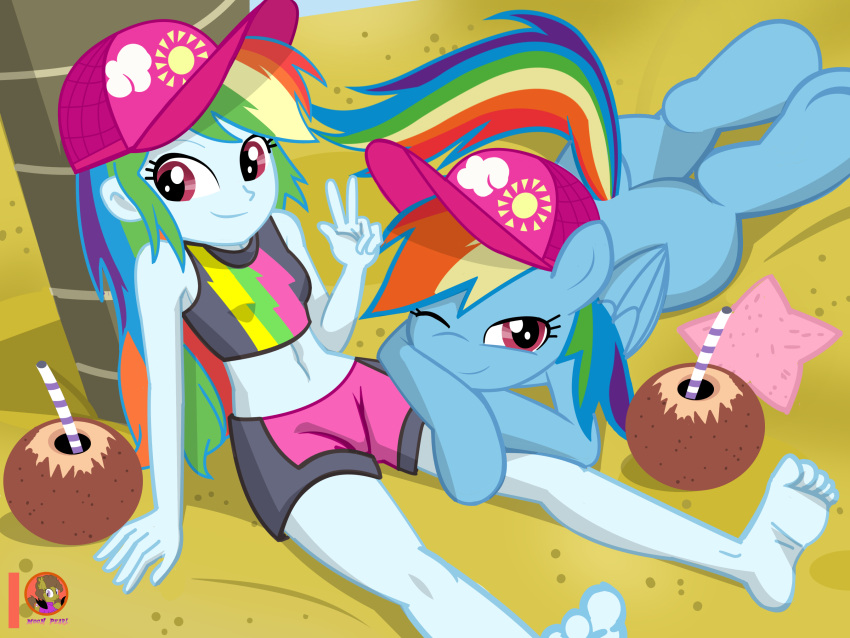 4:3 bat_pony beach beverage clothed clothing coconut coconut_drink drupe_(fruit) duo equestria_girls equid equine female female/female feral food friendship_is_magic fruit gesture hasbro hat headgear headwear hi_res human looking_at_viewer mammal moon_pearl my_little_pony pegasus plant rainbow_dash_(mlp) seaside selfcest square_crossover succubi_samus swimwear v_sign wings