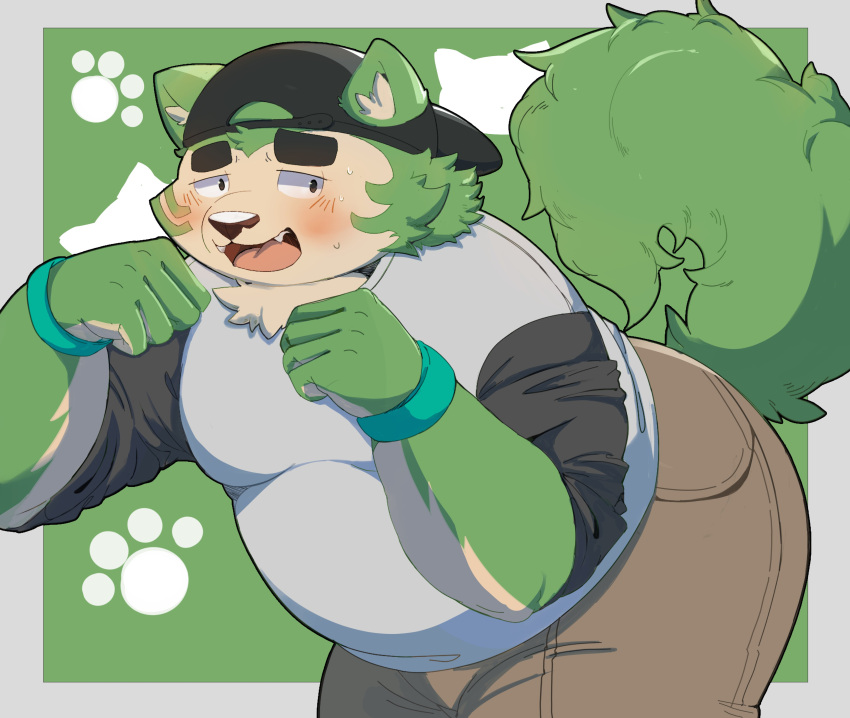 absurd_res anthro backwards_baseball_cap backwards_hat baseball_cap belly blush butt canid canine canis clothing domestic_dog eyebrows footprint fur green_body green_fur hat headgear headwear hi_res lifewonders live-a-hero male mammal mokdai pawprint shirt slightly_chubby solo t-shirt tappe124 thick_eyebrows topwear video_games wristband