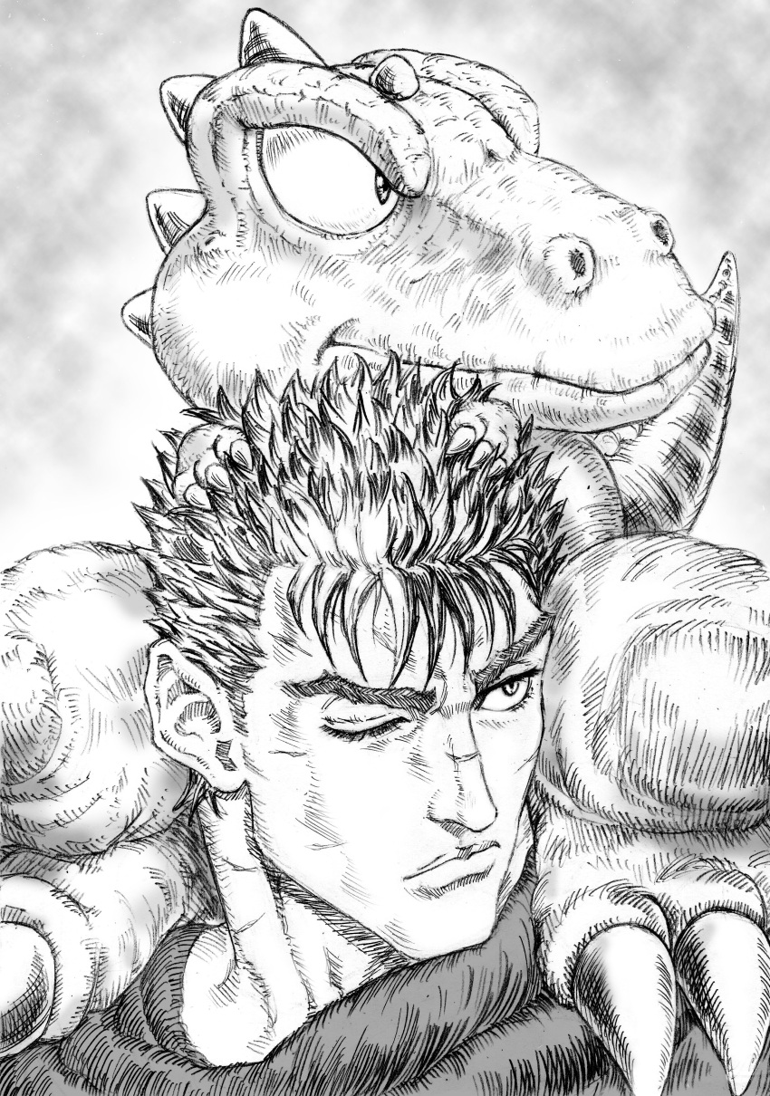 2boys absurdres berserk black_hair claws crossover dinosaur dinosaur_tail gon_(gon) gon_(manga) guts_(berserk) highres looking_to_the_side mad_sharpen male_focus multicolored_hair multiple_boys one_eye_closed scar scar_on_face scar_on_nose short_hair spiked_hair standing standing_on_shoulder streaked_hair tail