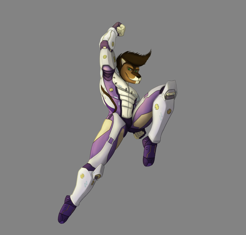 3d_(artwork) absurd_res armor cybernetics digital_media_(artwork) fist gulonine hero hi_res jumping light lighting machine male mammal marten model_sheet mustelid musteline pose power_armor raised_arm raised_fist science_fiction unknown_artist