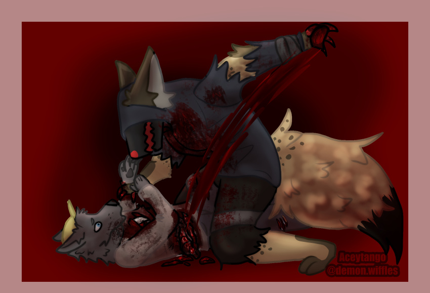 aceytango anthro blood bodily_fluids brown_body canid canine canis clothed clothing digital_media_(artwork) disembowelment duo fur gore guts hair hi_res hunter_(left_4_dead) hyaenid intestines johmn left_4_dead_(series) machine male mammal open_mouth organs protogen screen screen_face simple_background spots spotted_hyena valve video_games wolf