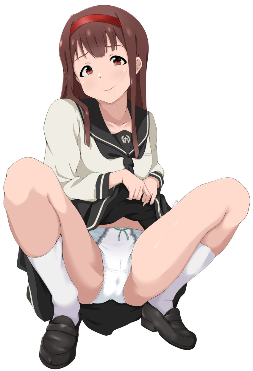 1girl black_footwear brown_eyes brown_hair hair_in_mouth hairband highres honokakao idolmaster idolmaster_million_live! idolmaster_million_live!_theater_days lifted_by_self long_hair mary_janes mouth_hold panties school_uniform shoes solo spread_legs squatting stained_panties tanaka_kotoha underwear white_panties