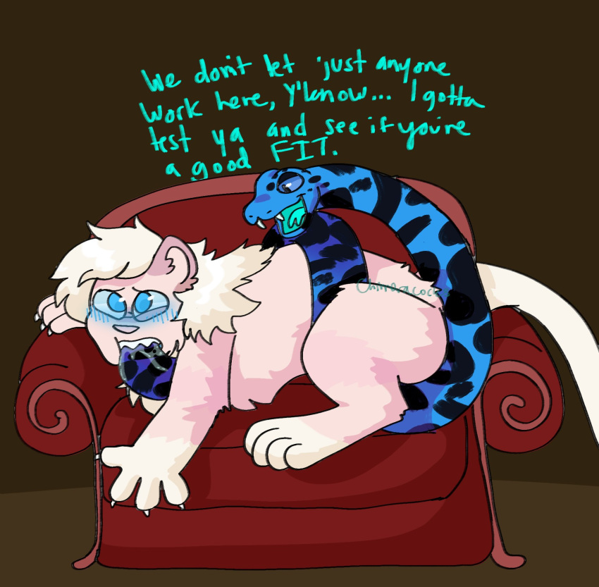 azul_(spoonfulofsuga) blue_body blush chimeracocks coiling couch_sex dialogue duo felid hi_res lion male male/male mammal pantherine pink_body python reptile ros&eacute;_(spoonfulofsuga) scalie sex snake tail_in_mouth