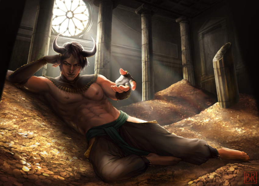 2022 abs animal_humanoid armwear barefoot biceps bottomwear brown_eyes brown_hair bubblyred clothed clothing coin column dragon dragon_humanoid elbow_gloves feet fingerless_gloves gloves gold_(metal) gold_coin hair handwear harem_outfit harem_pants hi_res hoard horn horned_humanoid humanoid inside light light_beam looking_at_viewer lying male muscular muscular_male navel nipples not_furry on_side pants pecs reaching_towards_viewer reclining scarf shawl short_hair skimpy smile solo sunbeam sunlight