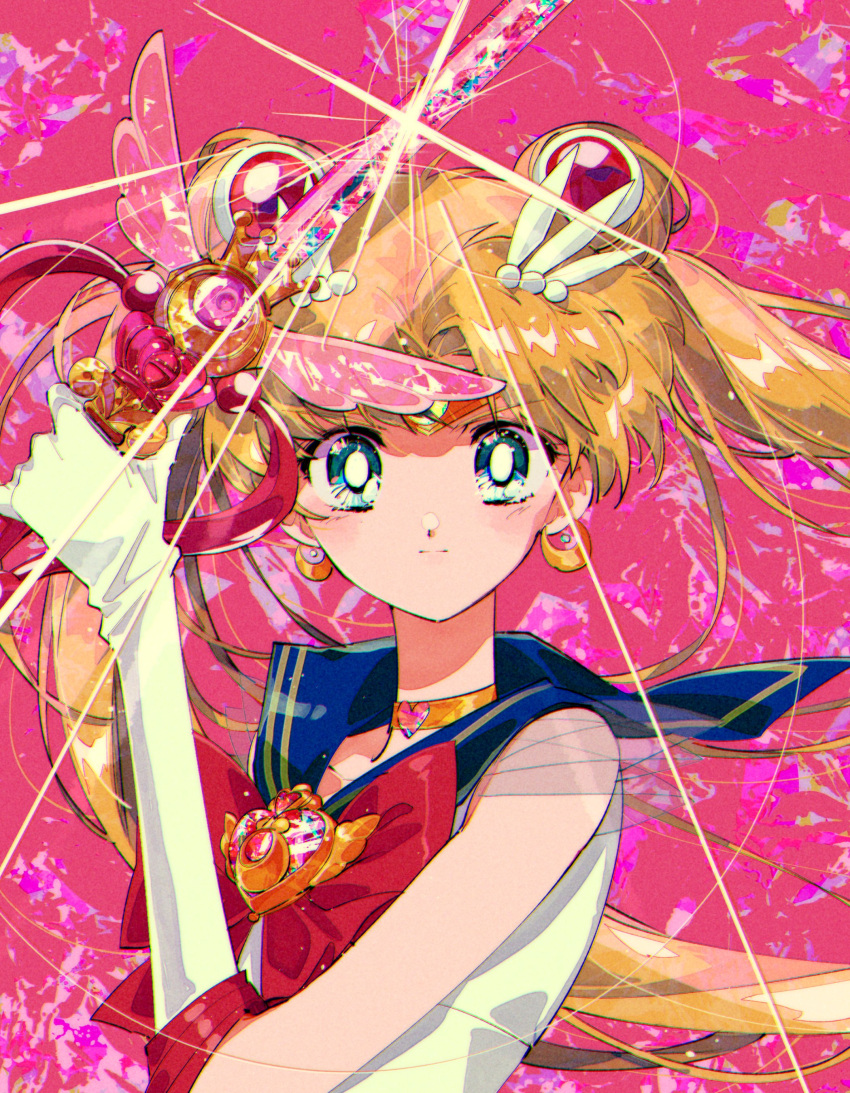 1girl absurdres bishoujo_senshi_sailor_moon blonde_hair blue_eyes blue_sailor_collar bow choker closed_mouth earrings gloves heart heart_choker highres jewelry magical_girl moon_(ornament) pink_background pochi_(askas_is_god) red_bow sailor_collar sailor_moon solo tsukino_usagi white_gloves