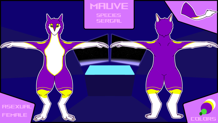 absurd_res alien anthro female fur green_eyes hi_res markings mauve_(mauvedash) mauvedash model_sheet purple_body purple_fur sergal space tagme yellow_markings