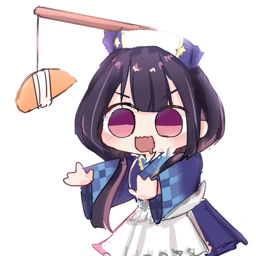 :d apron black_hair blue_dress blue_headwear blue_kimono blue_skirt blush carrot_on_stick chibi dress drooling empanada highres hina_misora japanese_clothes kimono long_hair low_twintails maid_apron mary_yerlein mouth_drool multicolored_clothes multicolored_hair multicolored_skirt pink_eyes pink_hair pink_skirt plaid_kimono purple_eyes reaching simple_background skirt smile solid_circle_eyes streaked_hair twintails v-shaped_eyebrows wactor_production white_background wide_sleeves