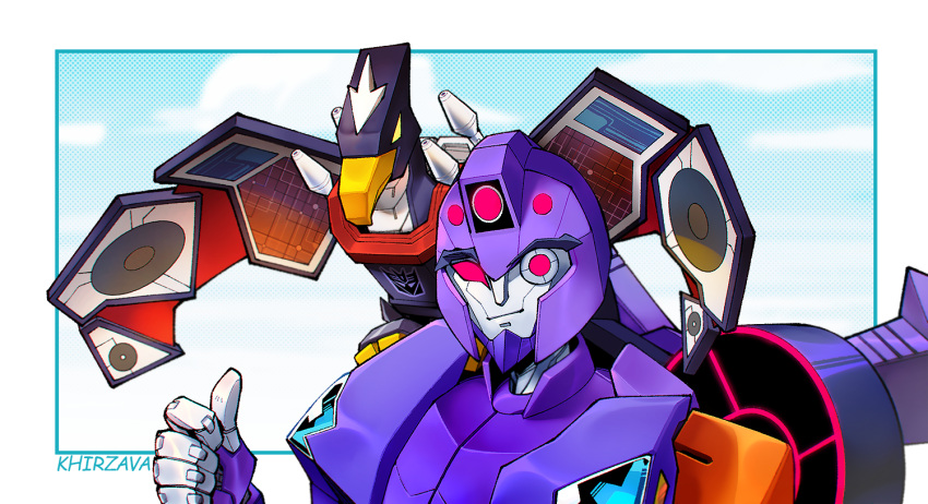 1girl artist_name decepticon english_commentary khirzava laserbeak looking_at_viewer mecha no_humans non-humanoid_robot portrait red_eyes robot robot_animal science_fiction shadow_striker_(transformers) smile thumbs_up transformers transformers_cyberverse