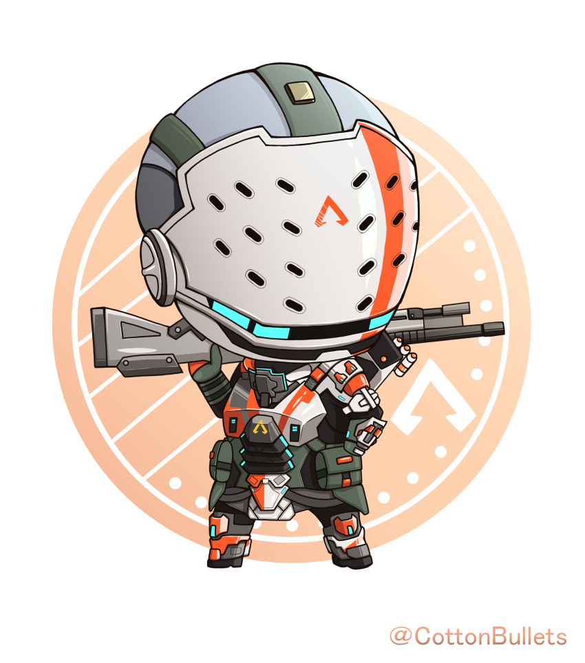 1girl absurdres apex_commander_bangalore apex_legends bangalore_(apex_legends) chibi cottonbullets g7_scout gloves green_gloves gun hand_on_hip helmet highres holding holding_gun holding_weapon looking_to_the_side official_alternate_costume power_armor rifle science_fiction solo twitter_username weapon