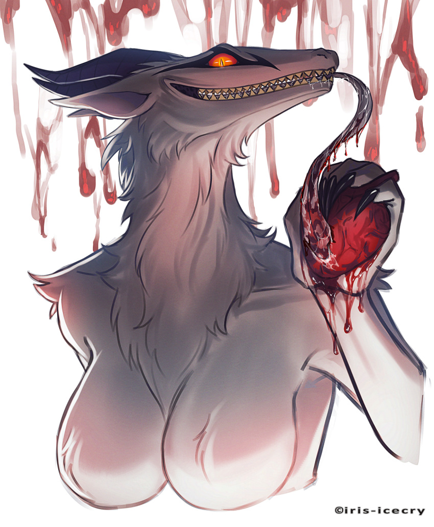 anthro blood bodily_fluids breasts bust_portrait claws featureless_breasts female fur grin heart_(organ) hi_res horn iris-icecry licking long_tongue monster organs portrait pupils red_eyes sharp_teeth slit_pupils smile solo synx teeth tongue tongue_out vittaly_arctic white_body white_fur