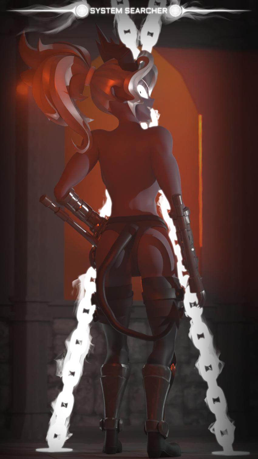 16:9 2022 armor back bedroom_eyes boots bottomwear breasts butt castle chain clothed clothing dark_body dark_skin demon demon_humanoid devil_horns_(disambiguation) digital_media_(artwork) female female_focus fire footwear full-length_portrait gauntlets gloves glowing glowing_eyes grey_body grey_skin hair handwear helltaker hi_res horn humanoid invalid_tag judgement_(helltaker) looking_at_viewer looking_back magic narrowed_eyes orange_light pants ponytail portrait rear_view seductive short_pants signature smile solo spade_tail standing stone_wall systemsearcher tagme text topless topless_female video_games wall_(structure) white_eyes white_hair widescreen window