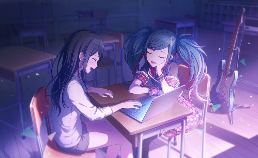 2girls amplifier aqua_hair aqua_nails bangs bare_legs black_hair black_thighhighs blurry blurry_background bracelet chair classroom closed_eyes colored_tips colorful_palette computer darkness desk elbow_rest fingernails frilled_cuffs frilled_skirt frilled_sleeves frills grey_shorts guitar_stand hair_behind_ear hatsune_miku head_rest highres hoshino_ichika_(project_sekai) indoors instrument instrument_request jewelry laptop laughing leo/need_(project_sekai) light_particles long_hair multicolored_hair multiple_girls neck_ribbon official_art on_chair open_mouth paperclip_hair_ornament pink_hair pink_ribbon pink_skirt plaid plaid_skirt plaid_wrist_cuffs pleated_skirt profile project_sekai pullover ribbon school_chair school_desk shadow shiny shiny_hair shoe_rack shorts sidelighting sidelocks single_wrist_cuff sitting skirt straight_hair streaked_hair studded_bracelet swept_bangs thighhighs triangle twintails vocaloid wing_collar wooden_floor wrist_cuffs