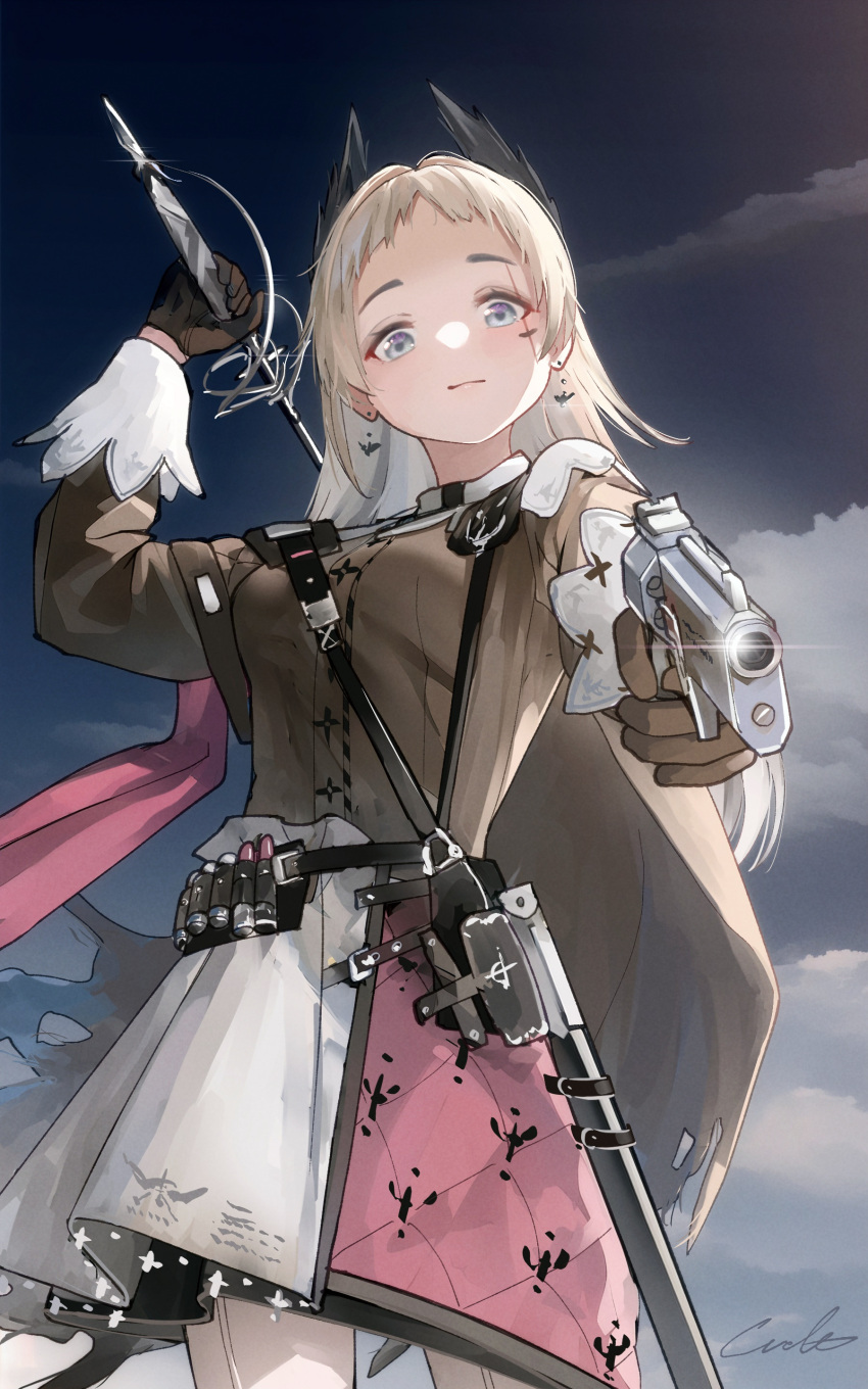 1girl absurdres ammunition_belt arknights bangs blue_eyes closed_mouth dress duplicate gloves gun hair_between_eyes highres holding holding_gun holding_sword holding_weapon irene_(arknights) long_hair looking_at_viewer pixel-perfect_duplicate scar scar_on_face smile solo sword weapon welt_(kinsei_koutenkyoku) white_hair