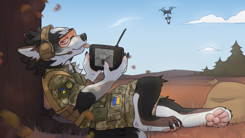 2022 4_toes absurd_res anthro beans_(disambiguation) black_body black_fur blep bomb brown_body brown_fur bulletproof_vest camo canid canine canis claws clothing cloud controller denka domestic_dog domestic_pig drone duo explosives eyewear feet flag forest fur glasses grass headphones hi_res holding_device holding_flag holding_object leaf male mammal military military_clothing military_jacket military_uniform multicolored_body multicolored_fur outside plant politics radio rock russia russian russo-ukrainian_war screen sitting sky snout solo_focus suid suina sus_(pig) teeth toes tongue tongue_out tree ukraine ukrainian_flag uniform war white_body white_fur